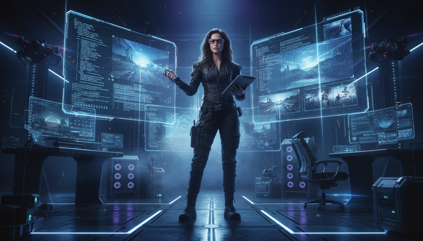 Dijital Sinema Devrimi "Yapay zeka ile sinemanın sınırlarını yeniden çizin." Görsel Promptu A professional female filmmaker in a dark, high-tech studio, illuminated by the blue and violet glow of holographic screens displaying digital data and cinematic frames. The atmosphere is mysterious and smoky, with futuristic lighting and ultra-detailed textures. Cinematic wide shot, 8k resolution, photorealistic style.