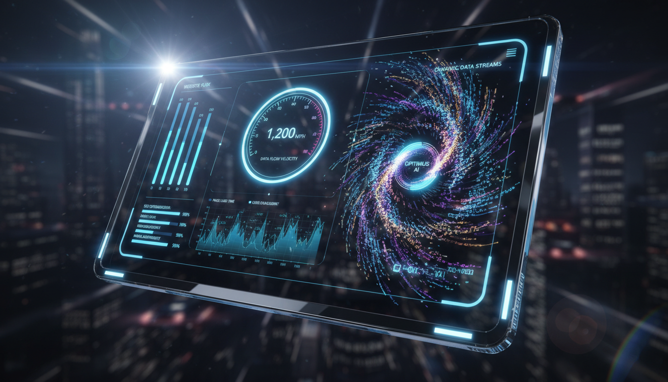 Professional 3D render of a futuristic computer screen showing a high-speed website dashboard, a glowing speedometer, and dynamic data streams, symbolizing website performance and optimization, cinematic lighting, ultra-detailed.