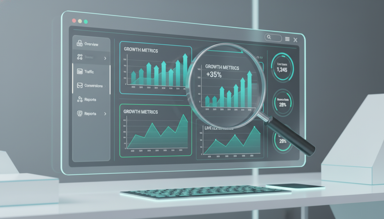 A high-quality 3D render of a professional website analytics dashboard with vibrant blue and green data charts, magnifying glass focusing on growth metrics, futuristic and clean user interface, 4k resolution, minimalist digital workspace background.