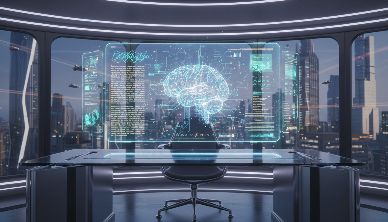 A futuristic and professional digital workspace featuring a glowing AI brain or network interface that seamlessly generates elegant text and creative documents on a transparent holographic display, high-tech aesthetic, 8k resolution, cinematic lighting.