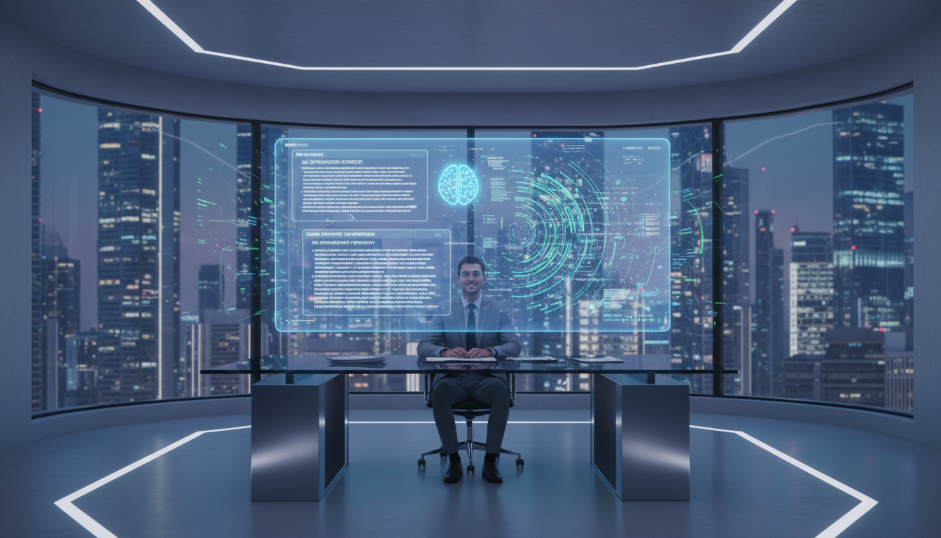 A professional and modern digital workspace featuring a holographic AI interface generating high-quality written content. The background is a sleek, minimalist tech office. Bright glowing text symbols and data streams represent SEO optimization and creativity. 8k resolution, cinematic lighting, futuristic aesthetic.
