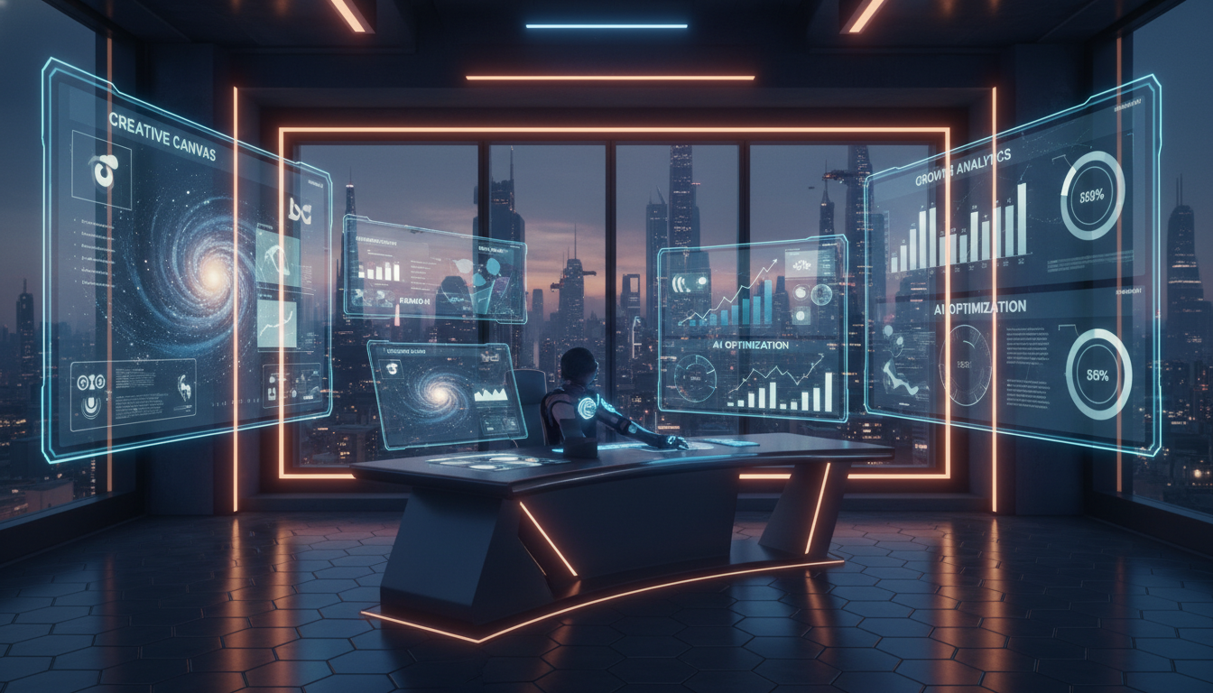 A professional and futuristic digital workspace featuring AI-powered content creation tools. Floating holographic screens displaying creative templates, branding elements, and growth analytics. Vibrant colors, cinematic lighting, 8k resolution, symbolizing business success and creative freedom.