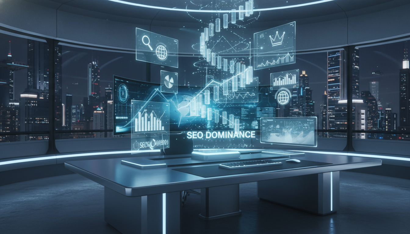 A sleek, professional digital workspace featuring holographic 3D charts and SEO icons rising upwards, representing automated growth and search engine dominance, high-quality cinematic lighting, blue and silver color palette, futuristic style.