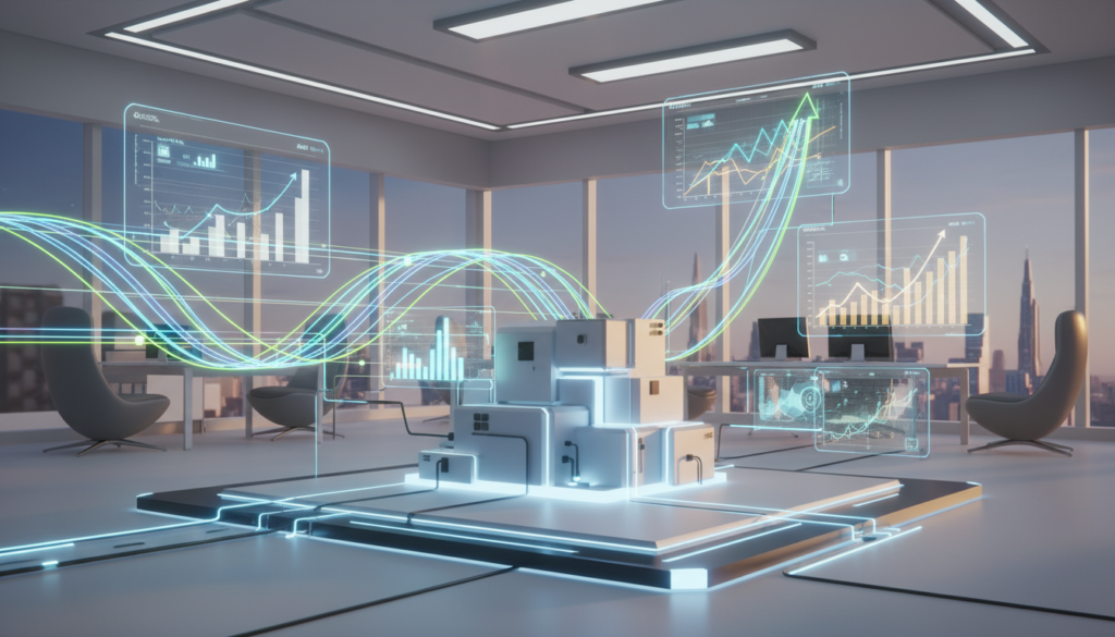 A professional and sleek 3D illustration of a futuristic digital business hub, showcasing automated data streams, glowing financial growth charts, and a plug-and-play interface, minimalist office setting, soft professional lighting, high resolution, 8k.