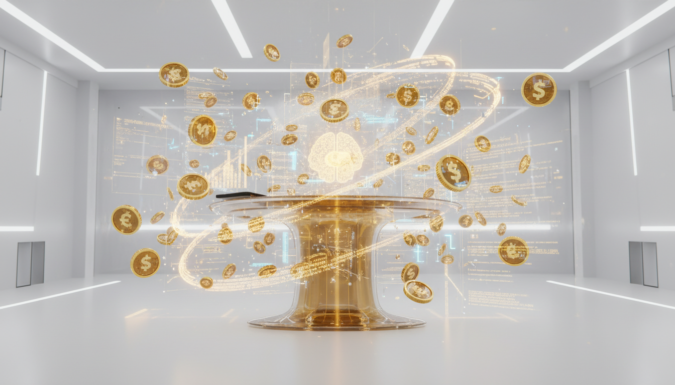 A futuristic, sleek digital machine or holographic interface glowing with golden light, surrounded by floating 3D coins and data streams, symbolizing automated wealth and AI-driven income, clean minimalist background, 8k resolution, professional tech aesthetic.