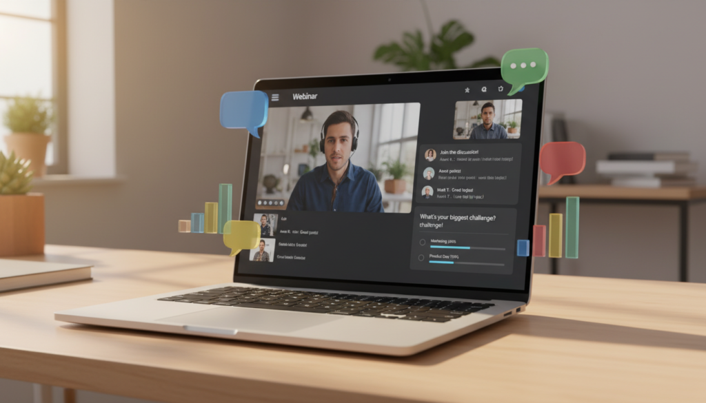 A high-quality 3D render of a modern laptop screen displaying a professional webinar platform with integrated live chat and poll features. Floating icons of colorful speech bubbles and bar charts surround the device. The background is a clean, minimalist home office with soft cinematic lighting.