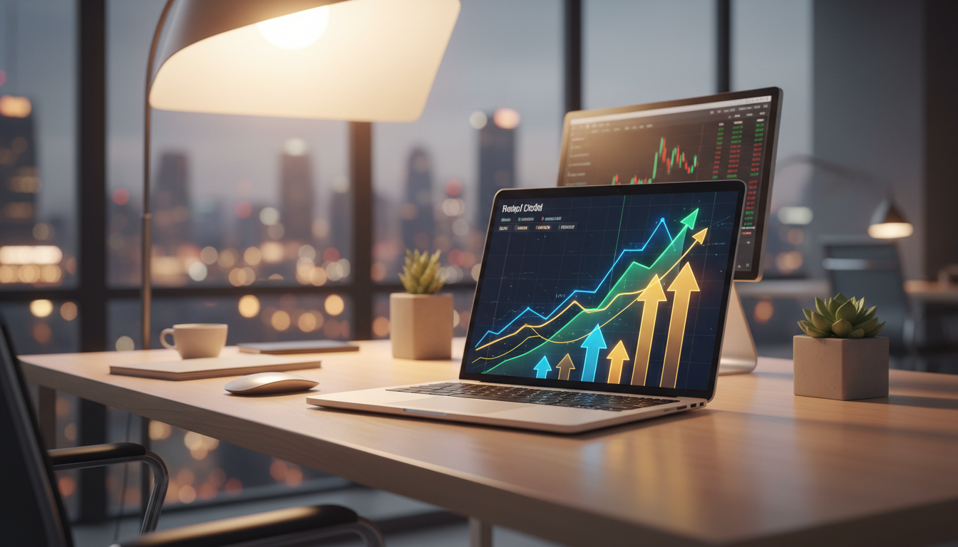 A professional digital workspace featuring a high-end laptop displaying vibrant financial growth charts and golden upward arrows. Minimalist and modern office setting with soft bokeh background, warm cinematic lighting, 8k resolution, symbolizing successful online entrepreneurship and financial freedom.