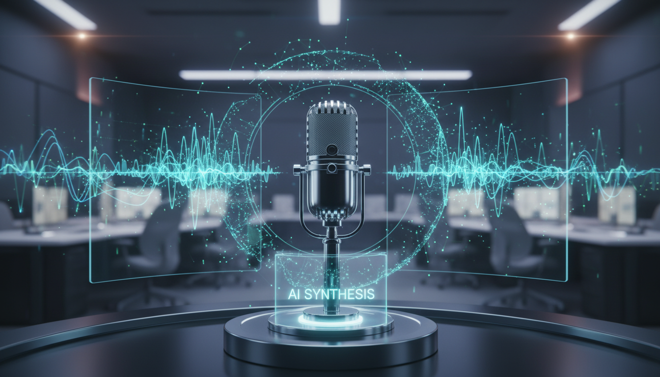A professional and futuristic studio setting featuring a high-tech microphone surrounded by glowing digital sound waves and neural network patterns, soft bokeh office background, cinematic lighting, ultra-realistic style, representing advanced AI voice synthesis.