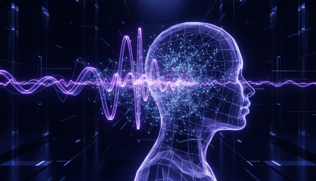 Professional 3D visualization of glowing sound waves morphing into a digital human profile, interconnected by neural network lines and data points, futuristic studio aesthetic, deep navy and electric violet lighting, cinematic composition, high resolution.