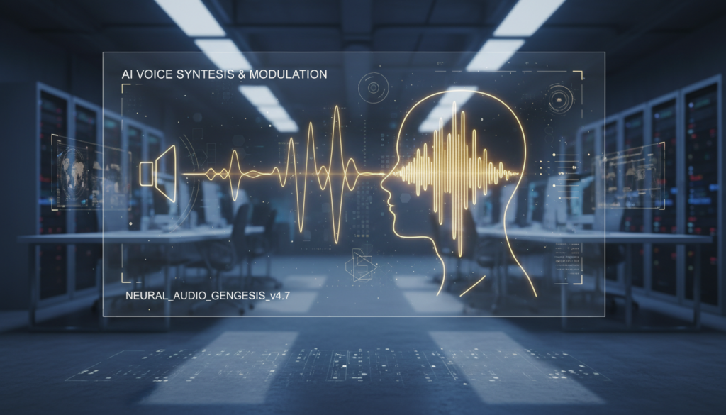 A futuristic and professional digital interface showing vibrant golden sound waves transitioning into a human silhouette, representing advanced AI voice synthesis and modification, high-tech laboratory setting, cinematic lighting, 8k resolution.
