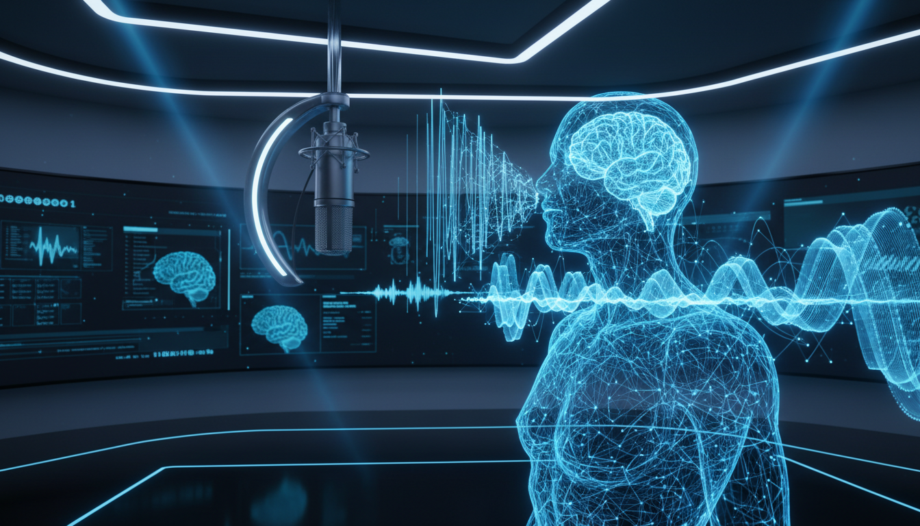 A high-tech digital visualization of a human silhouette made of glowing blue sound waves and neural network lines, representing AI voice synthesis. In the background, a sleek, modern studio setting with a futuristic microphone. Cinematic lighting, 8k resolution, professional tech concept art.