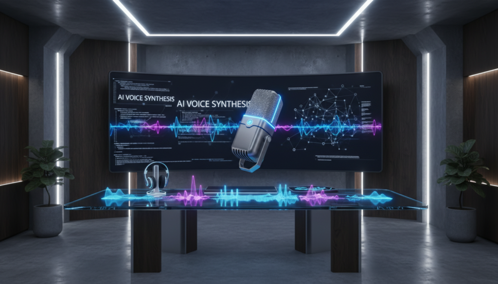A professional digital workspace featuring sound wave visualizations and a futuristic microphone, representing high-quality artificial intelligence voice synthesis, sleek minimalist design, cinematic lighting, 8k resolution.