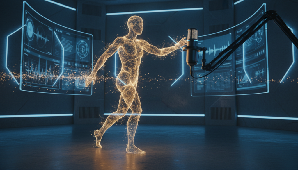 A high-tech cinematic visualization showing a human silhouette composed of golden sound waves and digital data particles, interacting with a sleek professional microphone in a dark, futuristic studio environment, 8k resolution, photorealistic, elegant blue and gold lighting effects.