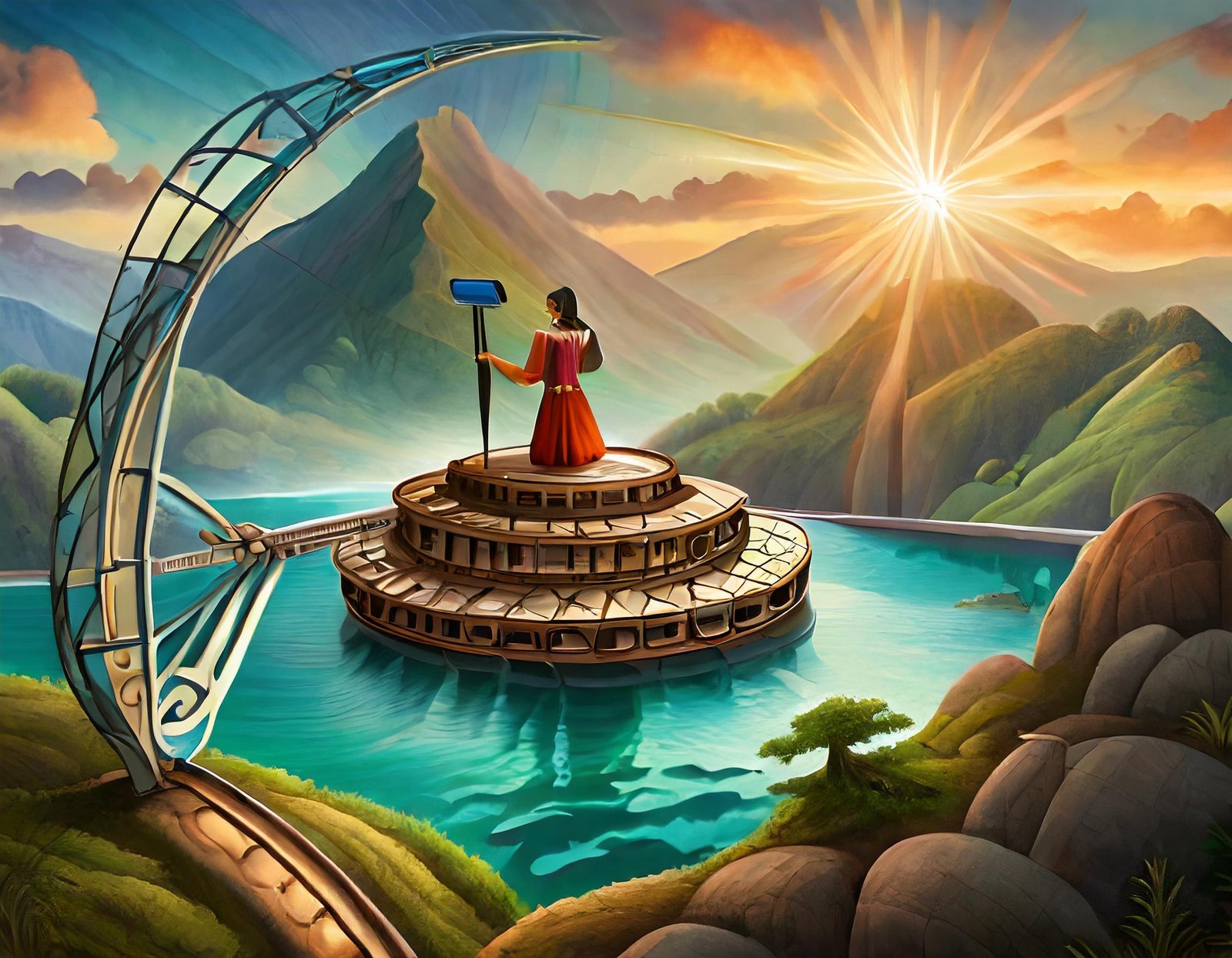 a woman in a red dress standing on a bridge over a river