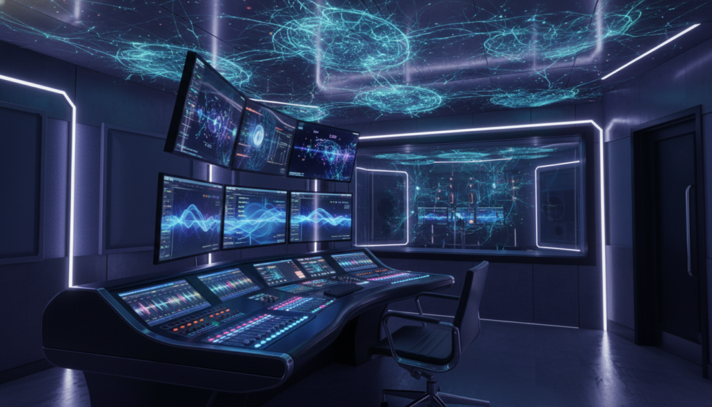 A professional high-tech recording studio environment with glowing digital sound waves and AI-inspired holographic neural network patterns, cinematic lighting, futuristic audio mixing console, ultra-detailed 8k resolution.