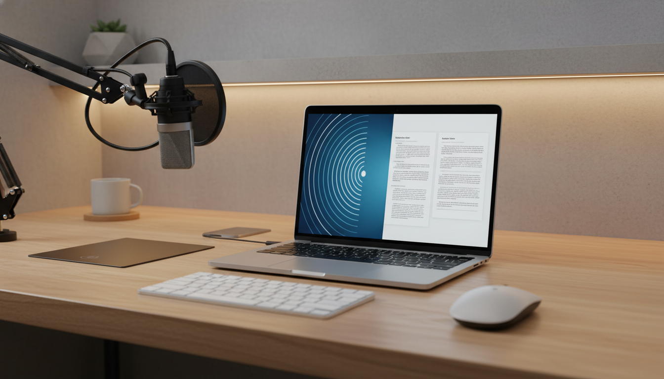 A professional workspace featuring a high-end laptop and a microphone, with stylized digital sound waves transitioning into clean text documents on the screen, minimalist and modern tech aesthetic, soft studio lighting, 8k resolution.