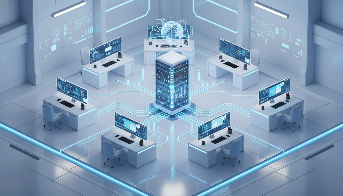 A professional high-tech workspace featuring a centralized NAS server rack with glowing data lines connecting multiple workstations, minimalist 3D isometric design, digital connectivity concept, blue and white color palette, cinematic lighting.