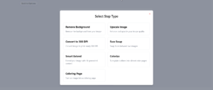“Select Step Type” ekranı, Artistly’nin AI Workflow bölümündeki tekil görsel işleme adımlarını gösteriyor.